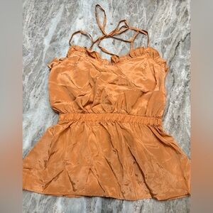 POL Satin Babydoll Cami Top Medium Camel Peplum Adjustable Straps